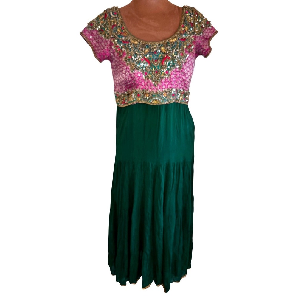 Embroidered Beaded Indian Dress EUC Women's Medium Green Pink‎ Formal Gown